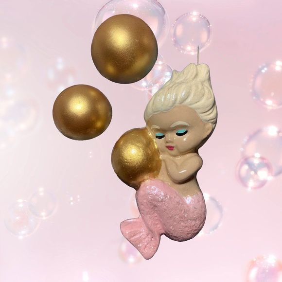 Chalkware Baby Mermaid Set w/ EXTRA BUBBLES - Soft Pink - MCM Bathroom - Picture 1 of 1